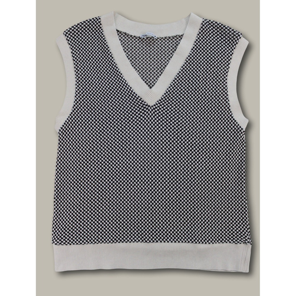 Zara Retro Preppy Dark Academia Knit Sweater Vest L Black White Micro Pattern